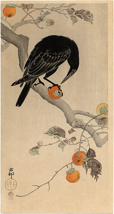 JapanTraCul's tweet image. Crow eating a Persimmon, by Ohara Koson, ca.1910