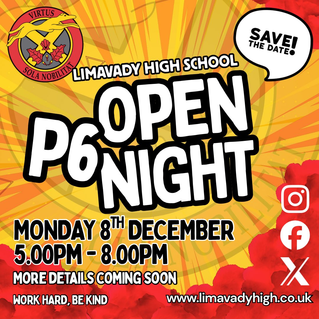 limavadyhigh's tweet photo. 📢 SAVE THE DATE!  

Our 𝗣𝗿𝗶𝗺𝗮𝗿𝘆 𝟲 𝗢𝗽𝗲𝗻 𝗡𝗶𝗴𝗵𝘁 is happening on:
𝗠𝗼𝗻𝗱𝗮𝘆 𝟴𝘁𝗵 𝗗𝗲𝗰𝗲𝗺𝗯𝗲𝗿, 𝟱–𝟴𝗽𝗺

More details coming soon! Keep the date free and spread the word. We can’t wait to welcome 𝘆𝗼𝘂 to LHS. ✨
#OpenNight #Primary6 #OpenToAll @CSSC_NI https://t.co/97EF9rUo84