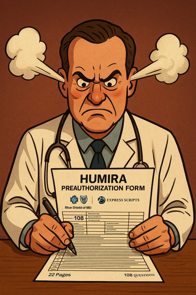 😡Another example of an insurance company causing ridiculous delays in care:

I just received a 22 page, 108 question preauth to fill out for a patient's adalimumab (Humira). This is NO exaggeration.

She has severe RA, has been on adalimumab (Humira) for MANY YEARS. We have
