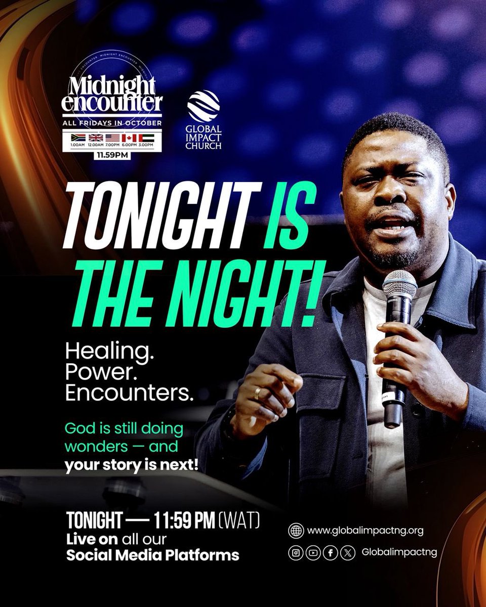 Midnight Encounters continues powerfully tonight and it's our night of BREAKTHROUGH! 

Date: Friday 7th November, 2025

Time: 11:59 PM (WAT) 

Location: Online via our social media platforms 

Set your alarms and don't forget to invite a friend.