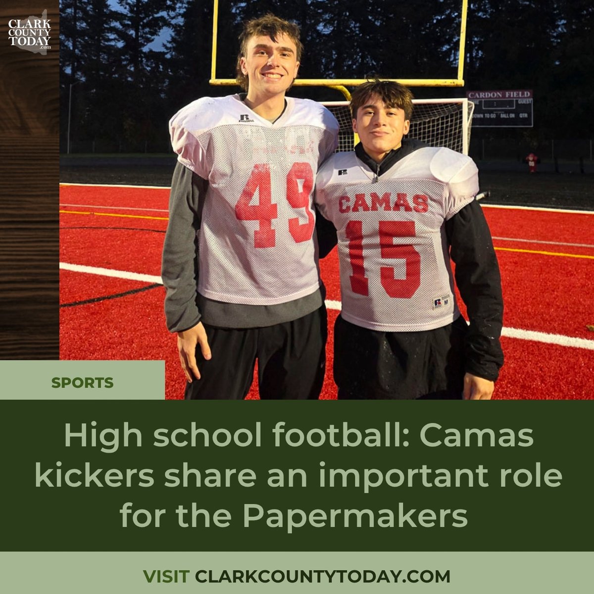 NewsFromCCT's tweet image. Camas kickers Jackson Tyler and Carter Pak shared duties this season, helping the Papermakers win the 4A GSHL title and reach the playoffs. clarkcountytoday.com/sports/high-sc… #CamasFootball #Papermakers #HighSchoolSports