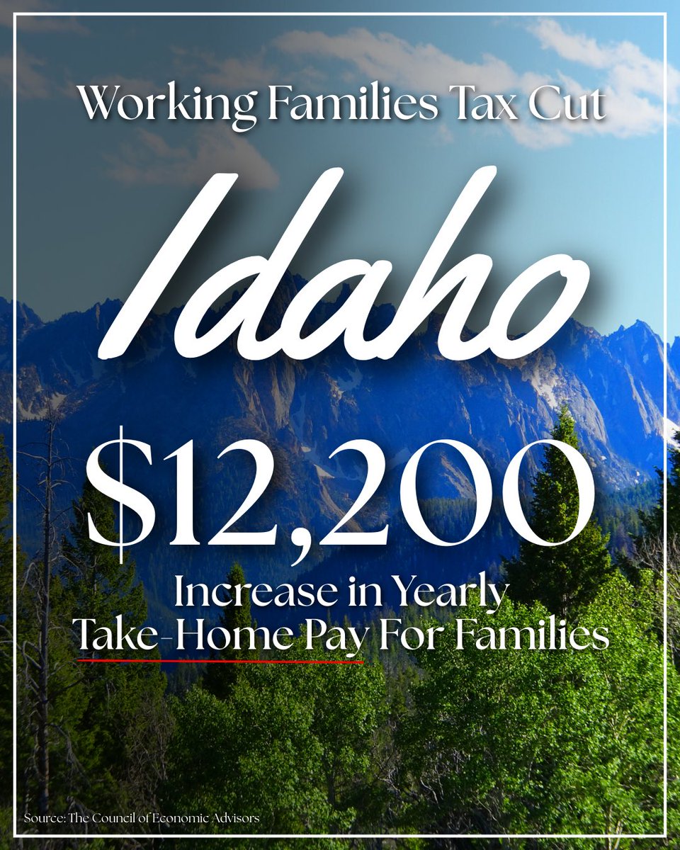RepRussFulcher's tweet image. CBO has confirmed H.R. 1, the Working Families Tax Cuts, will lower premiums for Americans.

This transformative package, which is now federal law, puts Americans first and is set to increase Idahoans’ take-home pay by $12,200.