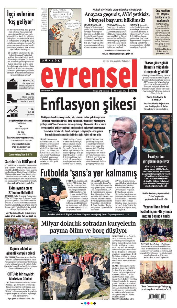 🗞️Enflasyon şikesi

Türkiye’de ücret ve maaş zamları için referans haline getirilen yıl sonu enflasyon hedefi dün bir kez daha yükseltildi.

Oysa ücret ve maaşlara yıl boyu eski ‘hedef’ oranında zam dayatılmıştı.

Ekonomik istikrar adına uygulanan bu ‘enflasyon şikesi’ emekten