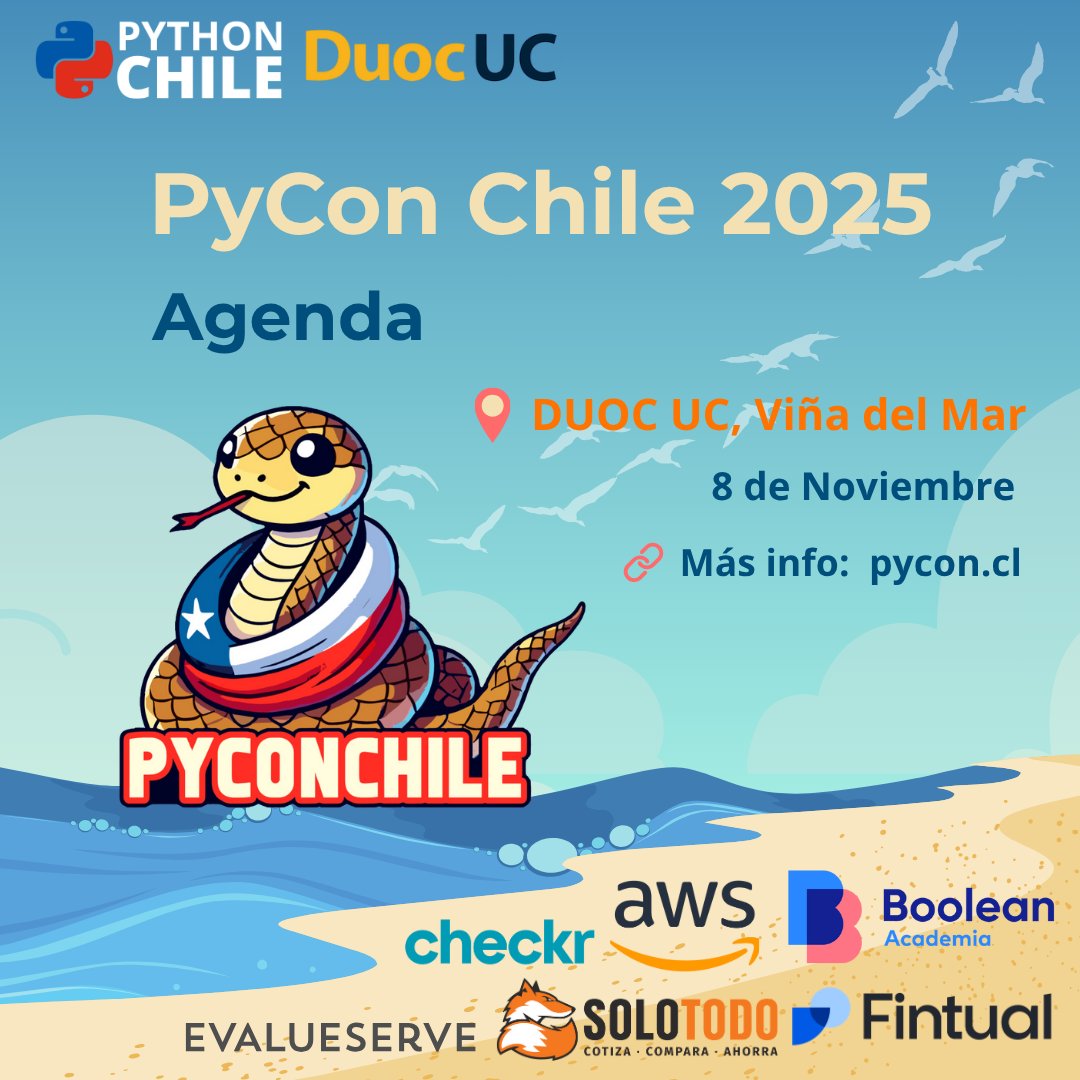 pythonchiledev's tweet image. 📅✨ Ya puedes revisar la 1era parte del cronograma completo de #PyConChile2025 en Viña del Mar ✨
Charlas, talleres y actividades listos para un fin de semana a toda energía Python.
🎟️ Quedan pocas entradas
👉 Inscríbete en pycon.cl🐍💛
#PythonChile