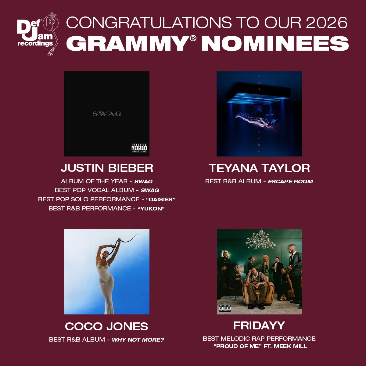 Congratulations to our 2026 Grammy Nominees 🏆

<a href="/justinbieber/">Justin Bieber</a> 
<a href="/TEYANATAYLOR/">TEYANA M.J. TAYLOR</a> 
<a href="/TheRealCocoJ/">Coco Jones</a> 
<a href="/fridayy/">Fridayy</a>