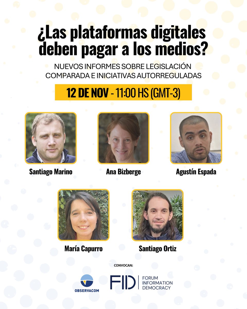 ¿Las plataformas digitales deben pagar a los medios? Nuevos informes sobre legislación comparada e iniciativas autorreguladas

🗓 12 de noviembre | 11:00 hs (GMT-3).

En vivo en el siguiente enlace: youtube.com/watch?v=FfFh2n…