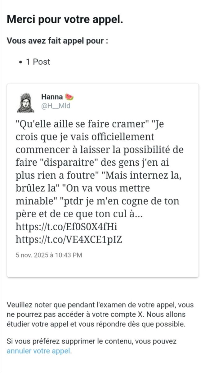 Les paroles prononcées au visage et au cœur d'<a href="/H__Mld/">Hanna 🍉</a> devant des centaines de personnes étaient tellement violentes que même les bots, ô combien obscurs d'Elon, les ont censurées. À moins que ? Noooon, jamais de la vie, voyons !
