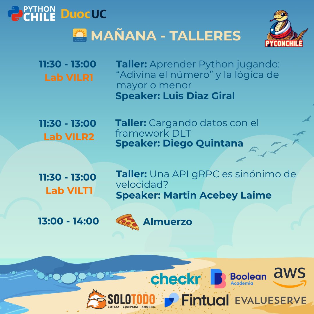 pythonchiledev's tweet image. 📅✨ Ya puedes revisar la 1era parte del cronograma completo de #PyConChile2025 en Viña del Mar ✨
Charlas, talleres y actividades listos para un fin de semana a toda energía Python.
🎟️ Quedan pocas entradas
👉 Inscríbete en pycon.cl🐍💛
#PythonChile