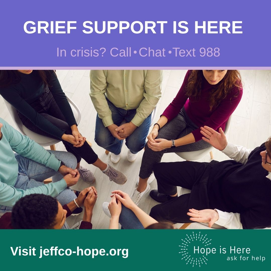 Grief affects families beyond crisis. Find support groups, counseling &amp; 1,800+ local resources at jeffco-hope.org. Share with someone who might need it. 988 for crisis support. #ItsNotJustCrisis #JeffCoHope
