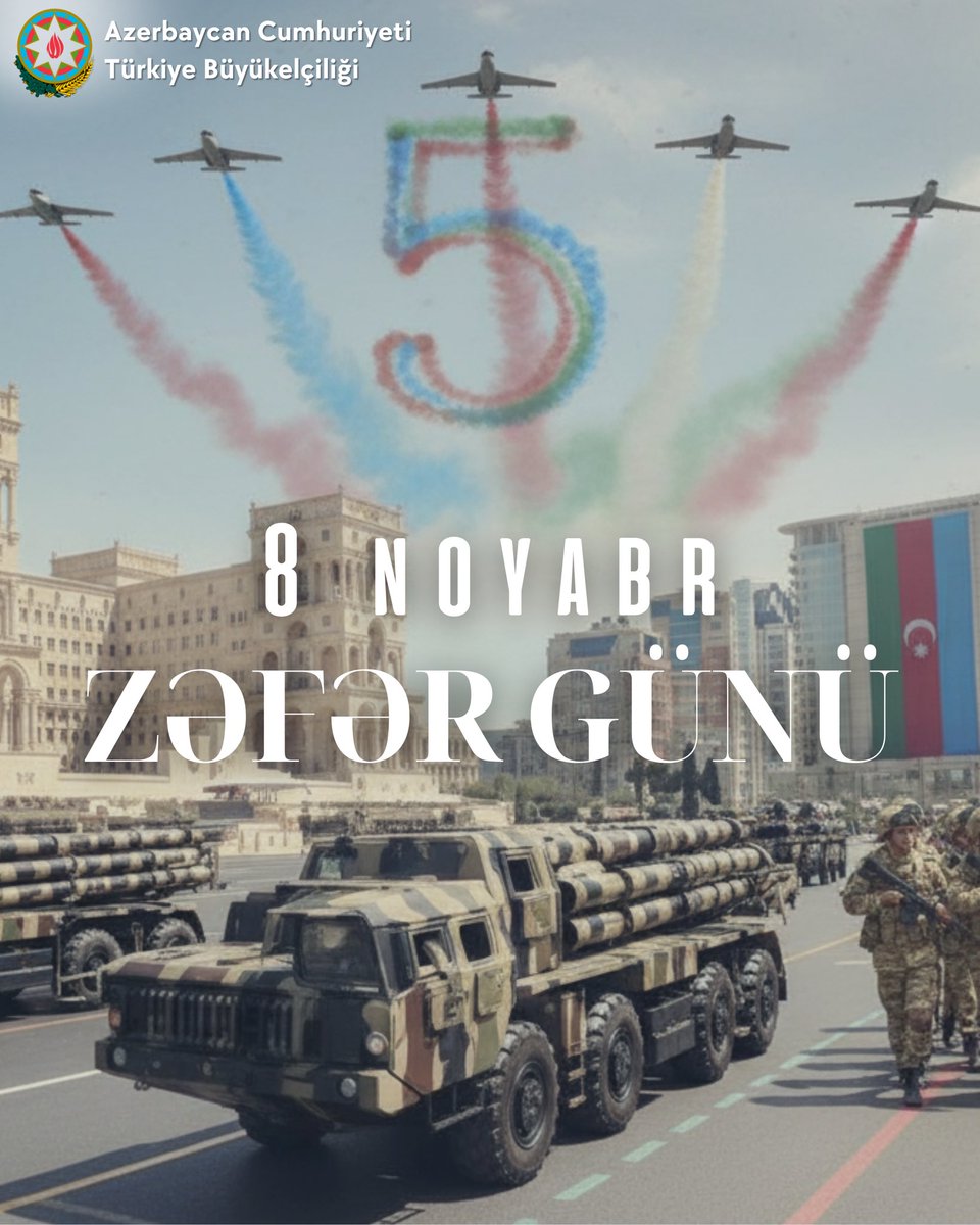 8 Noyabr - #ZəfərGünü münasibətilə bütün həmvətənlərimizi səmimi qəlbdən təbrik edirik! Şanlı Zəfərimizin 5-ci ildönümünü böyük qürur və fəxarət hissi ilə qeyd edirik. Azərbaycanın müstəqilliyi, suverenliyi və ərazi bütövlüyü uğrunda canlarını fəda etmiş qəhrəman Şəhidlərimizin