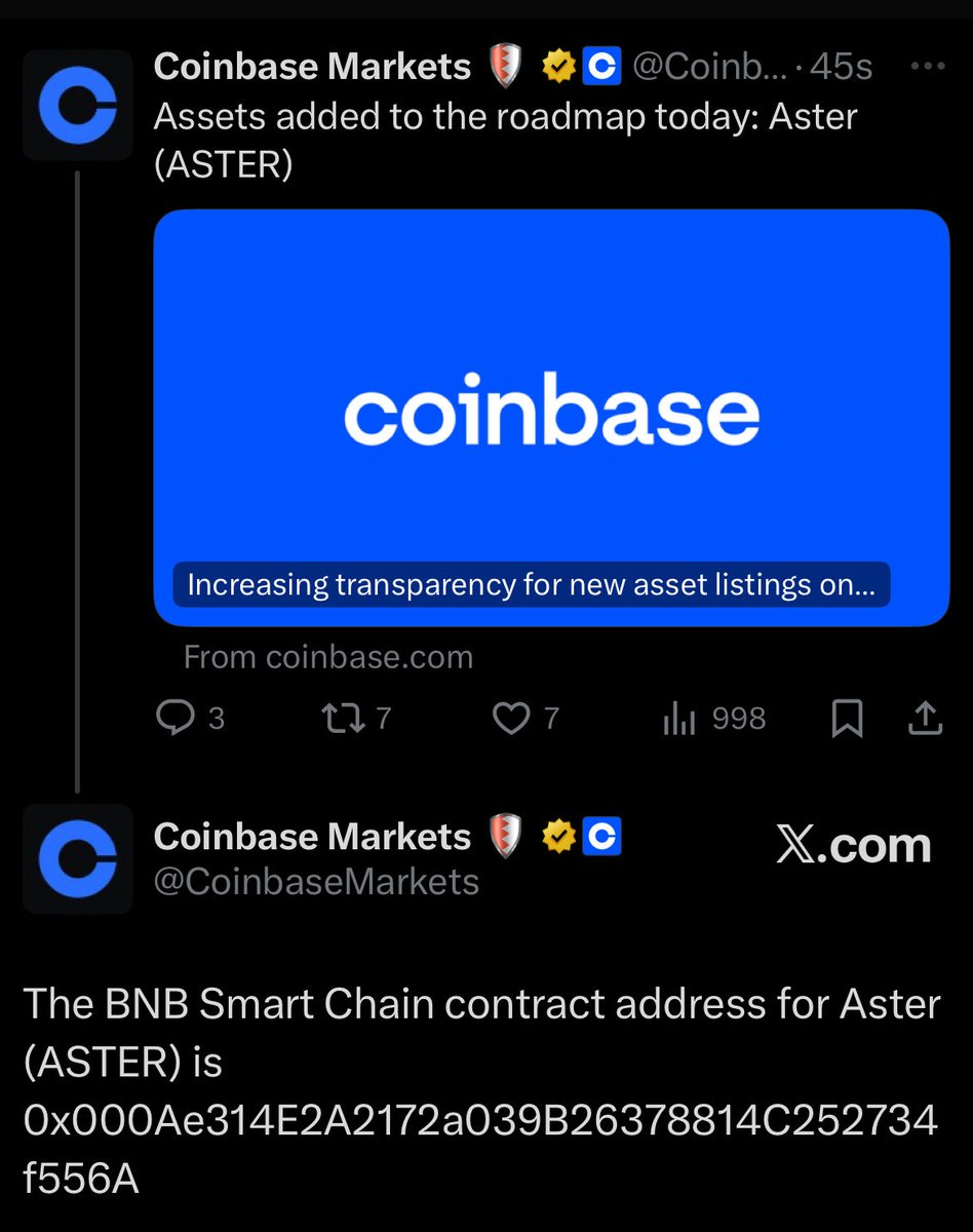 JUST IN: Coinbase adds $ASTER (@Aster_DEX) to its listing roadmap, with  trading expected to go live within the next few days.