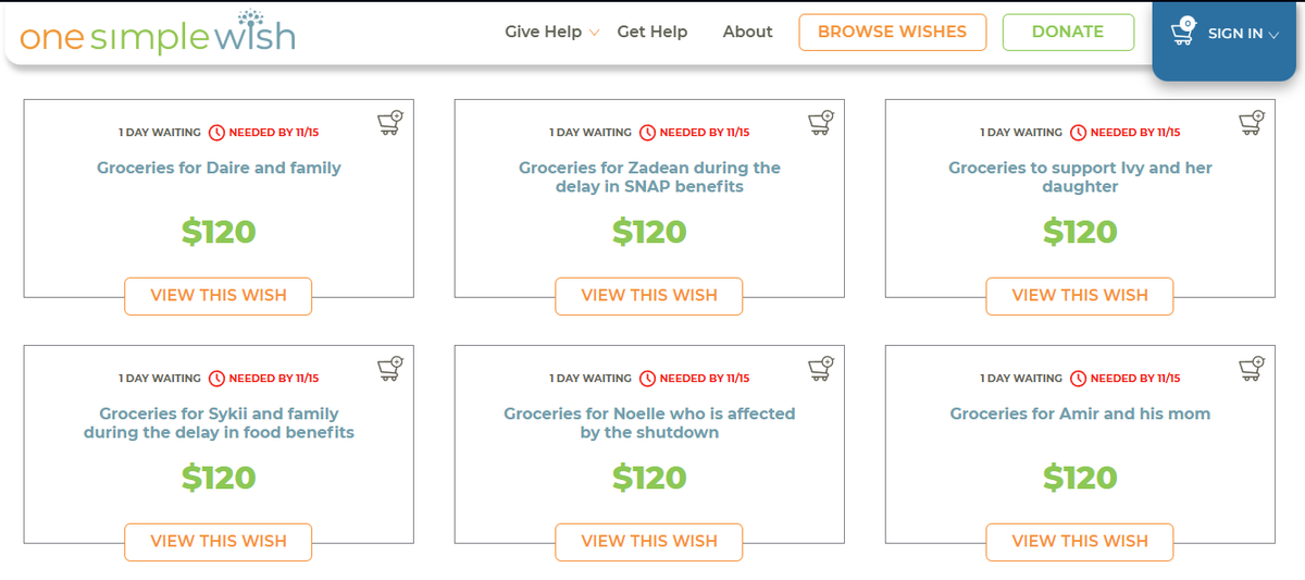 i wanna promote a site that is worth looking through if you're open to helping people during this shutdown, especially those affected by the loss of SNAP atm. onesimplewish is a website where you can grant wishes for kids &amp; families