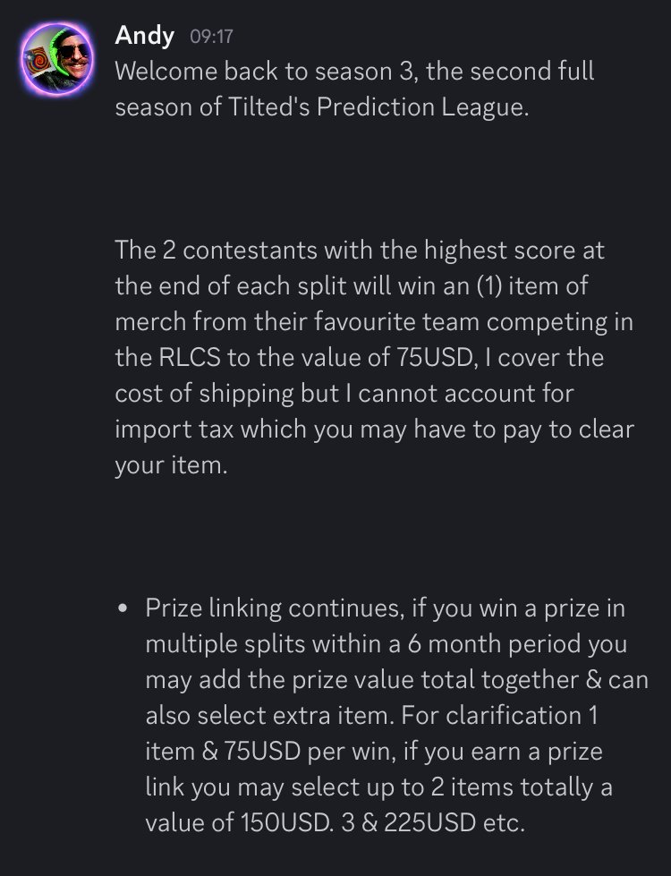I run a #RLCS prediction league in my discord where you can win merch from your favourite org. 

Entry is simple &amp; I have just posted the information for this season of TPL. 

If you’d like to take part or have any questions please join my discord 

discord.gg/ghsm2cMAsr