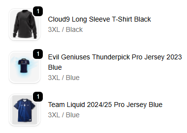Shopping the <a href="/ESLShop/">ESL Shop</a> Black Friday sales are always a treat

Often times you find things from teams that they stopped selling long ago, safe to say I'm excited to have found what I did from Cloud9, EG and Liquid

Add 2 jerseys to the collection 😈