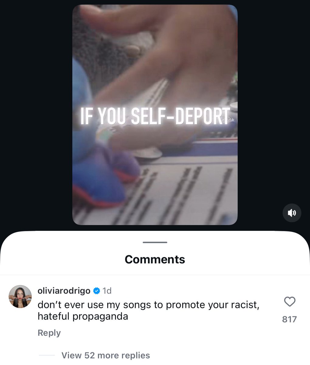 Olivia Rodrigo called out the Department of Homeland Security and the White House after a “self-deport” video used her song:

“don’t ever use my songs to promote your racist, hateful propaganda.”
