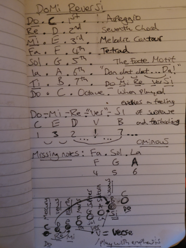 3SkullJoe's tweet photo. Do-Mi-Re-Ver-Si
C     E     D     V     B

When played as an arpeggio, the phrase evokes a feeling of suspense / foreboding / dread.

The sequence of notes forms a tetrad, and the last note is a whole seventh step from the first note, almost a whole octave. 

"Ver" or "V" could be interpreted to mean "play with emphasis," as it often is in string music.

It also fits a motif known as the "Fate Motif." ie. "Dun, dun, dun ... Dun!"  Like in Beethoven's 5th symphony. 
Or Bink's Sake - "Yo-ho-ho ... Ho!." 
Or the Drums of Liberation - "Don, dat, dat... Dah!"

"Do-Mi-Re-ver... Si!"