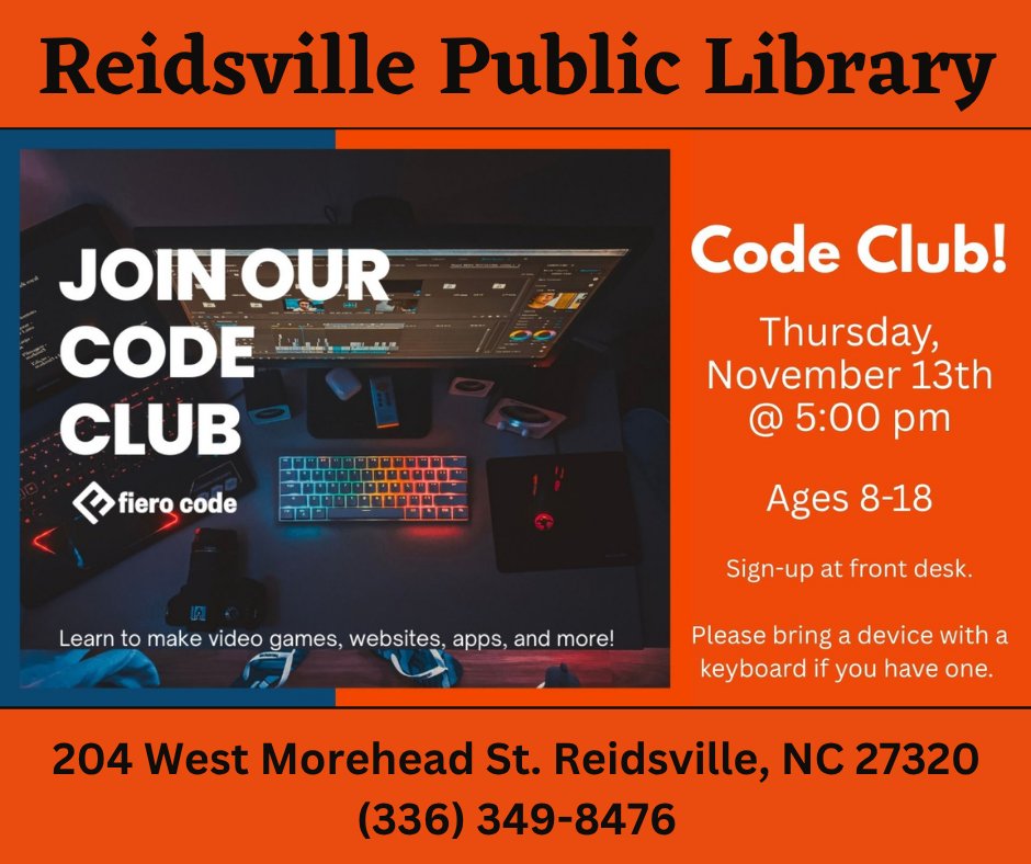 RCP_Library's tweet image. Programs and Events at Rockingham County Public Library on Thursday, November 13th! Code Club requires early sign-up. 🎱📽️🧑‍💻