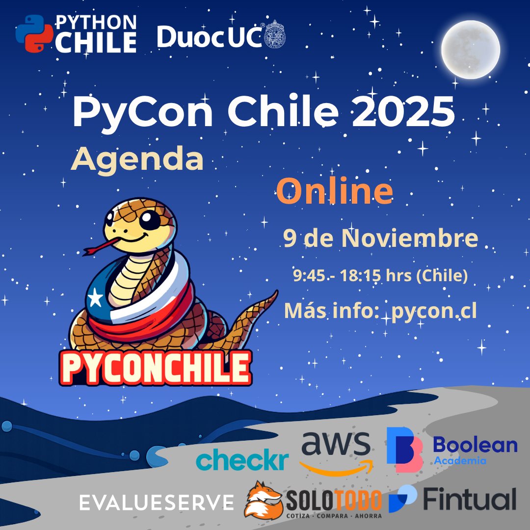 pythonchiledev's tweet image. ✨ Ya está disponible la 1era parte del cronograma online de #PyConChile2025 ✨
Charlas de datos, web, automatización, ciencia y más, directo a tu pantalla.
📺 Transmisión por youtube.com/@PythonChile
#PythonChile
