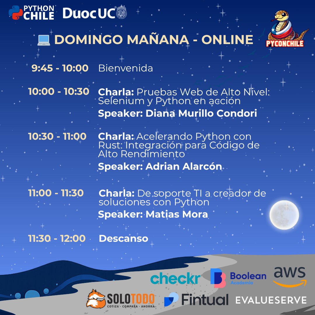 pythonchiledev's tweet image. ✨ Ya está disponible la 1era parte del cronograma online de #PyConChile2025 ✨
Charlas de datos, web, automatización, ciencia y más, directo a tu pantalla.
📺 Transmisión por youtube.com/@PythonChile
#PythonChile