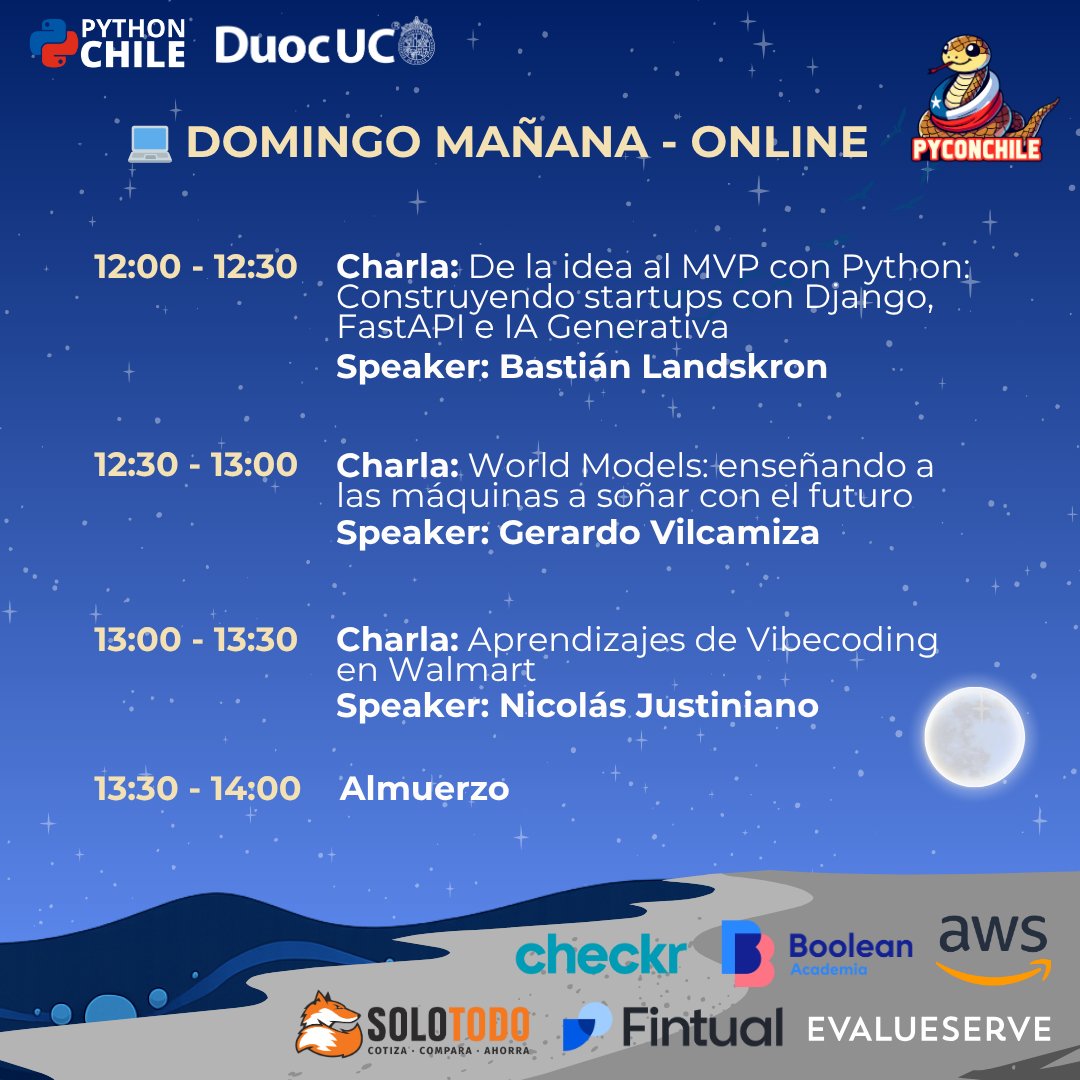 pythonchiledev's tweet image. ✨ Ya está disponible la 1era parte del cronograma online de #PyConChile2025 ✨
Charlas de datos, web, automatización, ciencia y más, directo a tu pantalla.
📺 Transmisión por youtube.com/@PythonChile
#PythonChile