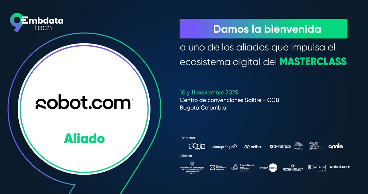 Nos complace contar con Robot.com como aliado del EMBdata Tech 2025.

Gracias por sumarse a esta edición y por acompañarnos en este camino hacia un futuro más conectado.