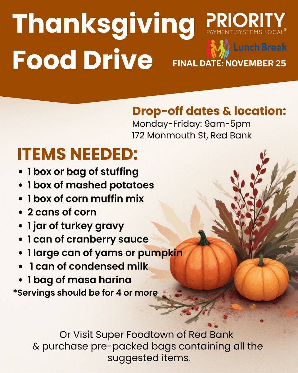 PPSLocal's tweet image. Join us for our 10th Annual Thanksgiving Food Drive supporting @lunchbreakNJ

Bring in the listed items or visit Super Foodtown of Red Bank to purchase a pre-packed bag!

#FoodDrive #Thanksgiving #LunchbreakNJ #PriorityPaymentsLocal #PPL #PriorityPayments