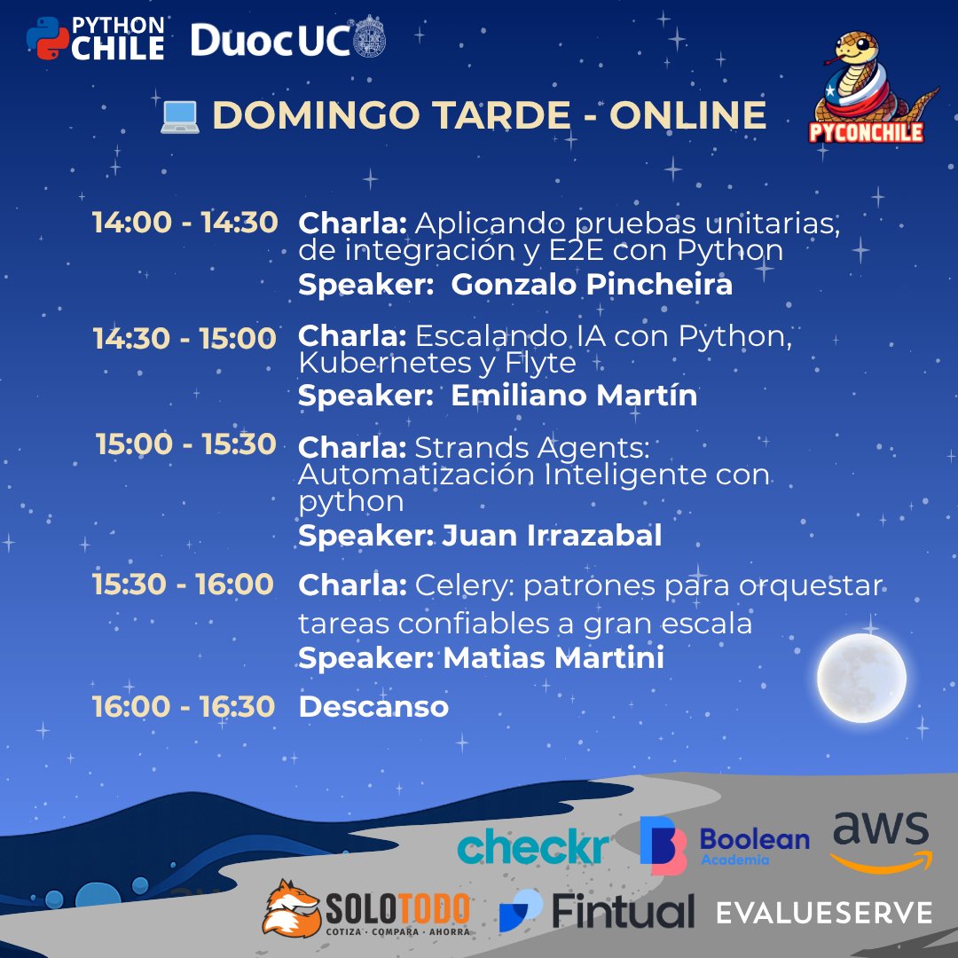 pythonchiledev's tweet image. 🌐✨ Revisa la 2da parte del cronograma online de #PyConChile2025 ✨
Un día completo de charlas sobre datos, web, IA y automatización, listo para seguir desde donde estés.
📺 Transmisión en youtube.com/@PythonChile
#PythonChile