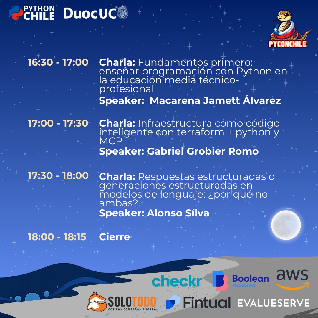 pythonchiledev's tweet image. 🌐✨ Revisa la 2da parte del cronograma online de #PyConChile2025 ✨
Un día completo de charlas sobre datos, web, IA y automatización, listo para seguir desde donde estés.
📺 Transmisión en youtube.com/@PythonChile
#PythonChile