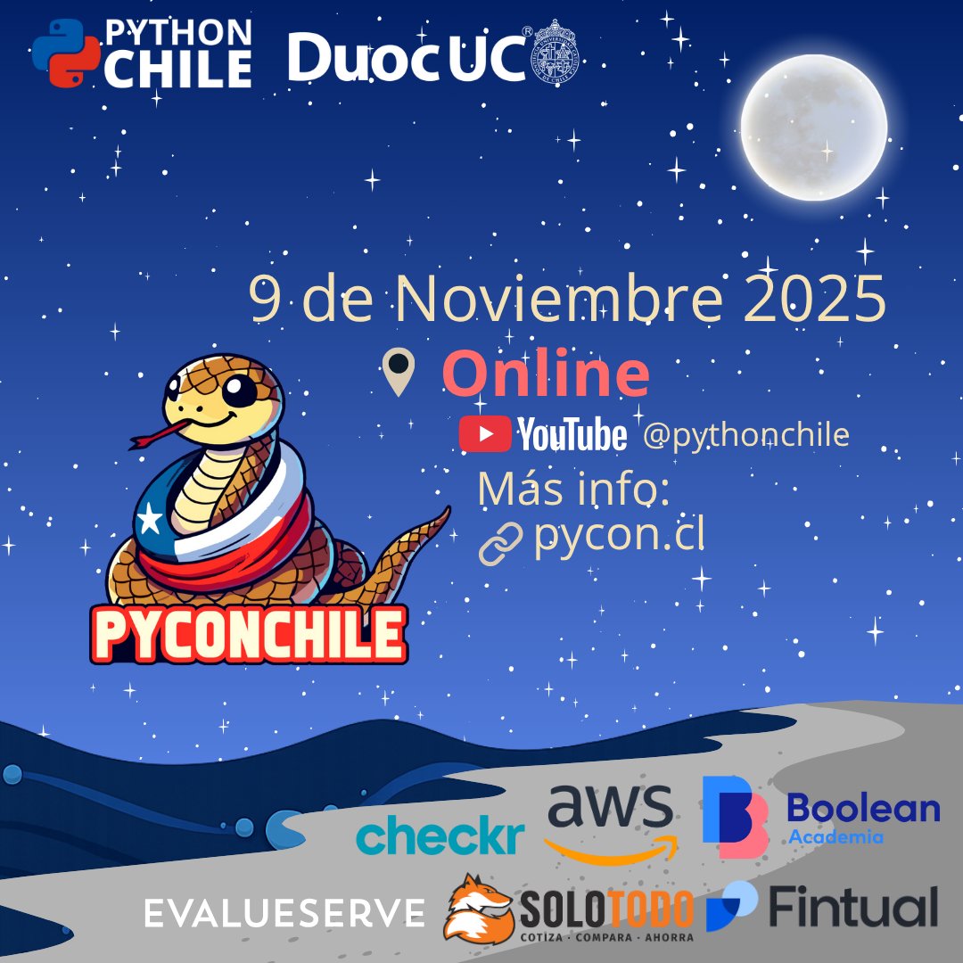 pythonchiledev's tweet image. 🌐✨ Revisa la 2da parte del cronograma online de #PyConChile2025 ✨
Un día completo de charlas sobre datos, web, IA y automatización, listo para seguir desde donde estés.
📺 Transmisión en youtube.com/@PythonChile
#PythonChile
