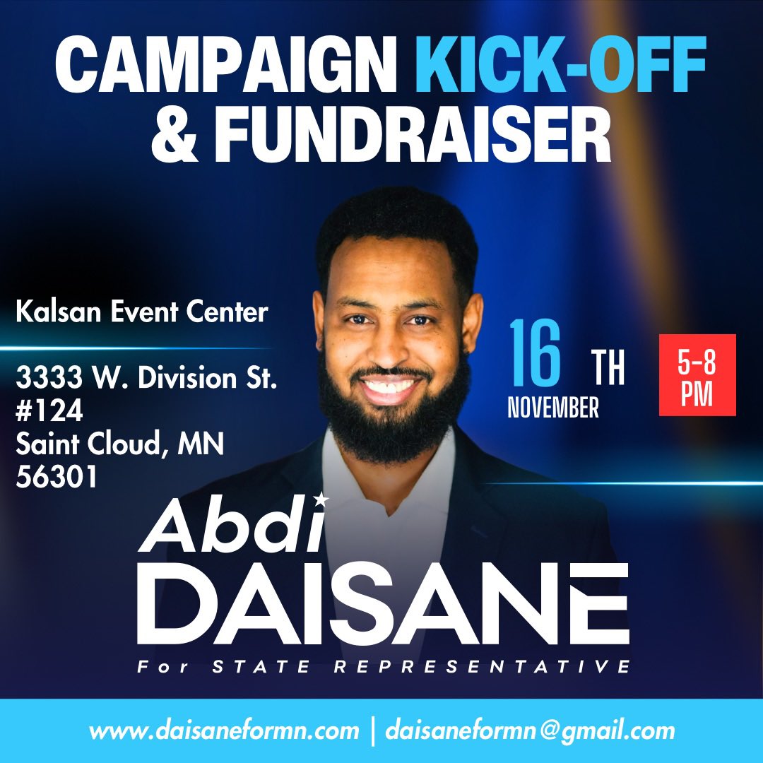 daisaneformn's tweet photo. We are excited to invite you to Abdi’s Campaign Kickoff Event on Nov 16 at 5PM! Come hear our vision, meet neighbors, and help us start this journey strong.

Together, we can create the change our community deserves.

Sign up here: https://t.co/RsRC8xfzc2 https://t.co/ramemYbpGW