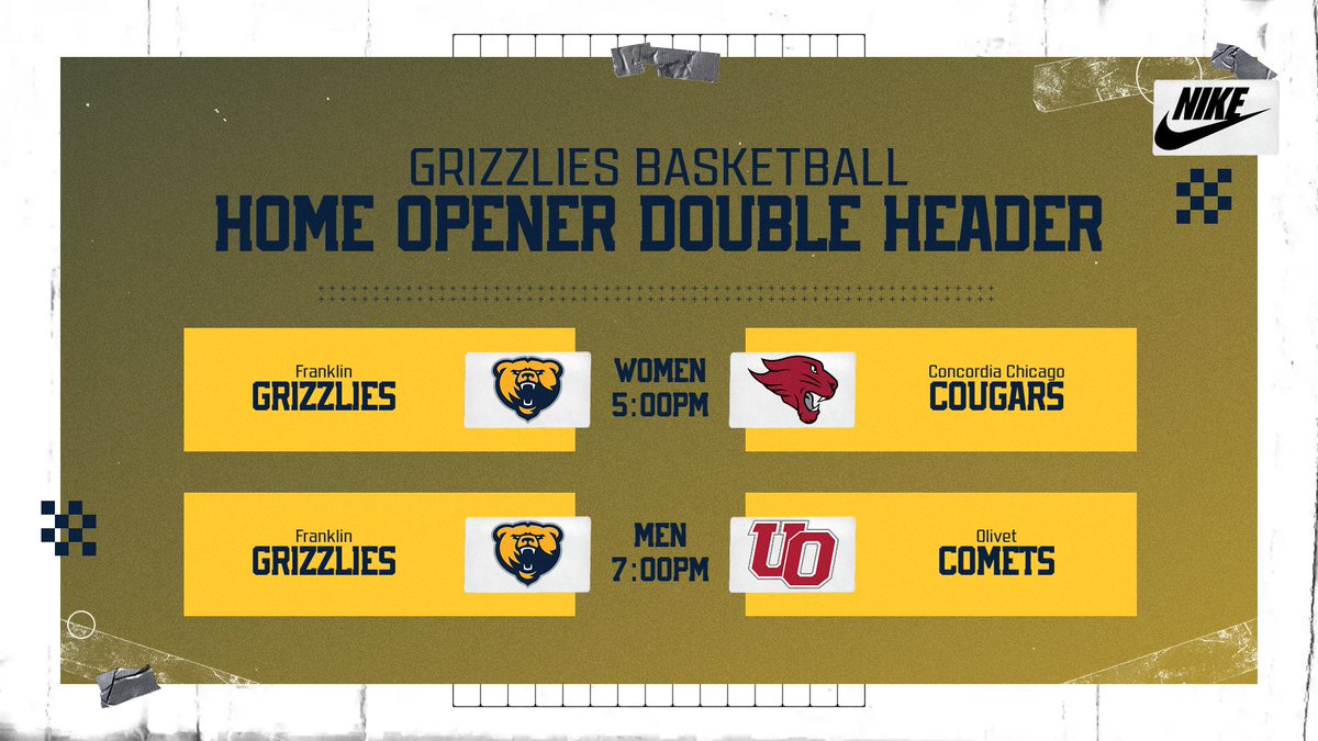 Double Home Opener!

<a href="/FCGriz_WBB/">Franklin College Women’s Basketball</a>
⏰: 5:00 pm
📺: shorturl.at/BSXre
📊: shorturl.at/LXvjG
🎟️: shorturl.at/zWkmT

<a href="/FCGrizHoops/">Franklin College MBB</a>
⏰: 7:30 pm
📺: shorturl.at/J9QCX
📊: shorturl.at/WIShA
🎟️: shorturl.at/zWkmT