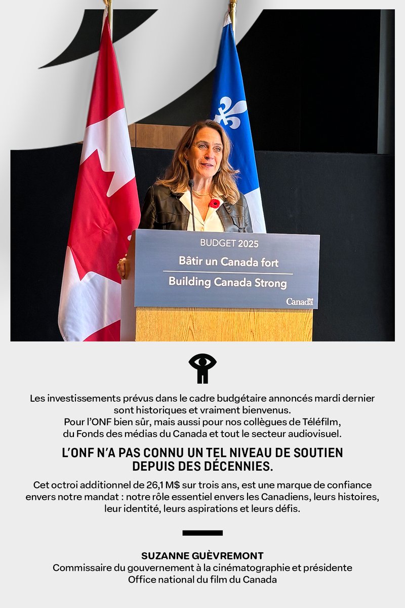 La présidente de l'#ONF, Suzanne Guèvremont, participait aujourd'hui à l'annonce du ministre <a href="/s_guilbeault/">Steven Guilbeault</a> sur les investissements du #Budget2025 destinés à la culture; une forte marque de confiance envers notre mandat.

🔗 Communiqué <a href="/Patrimoinecdn/">Patrimoine canadien</a> → bit.ly/4oF9qjq
