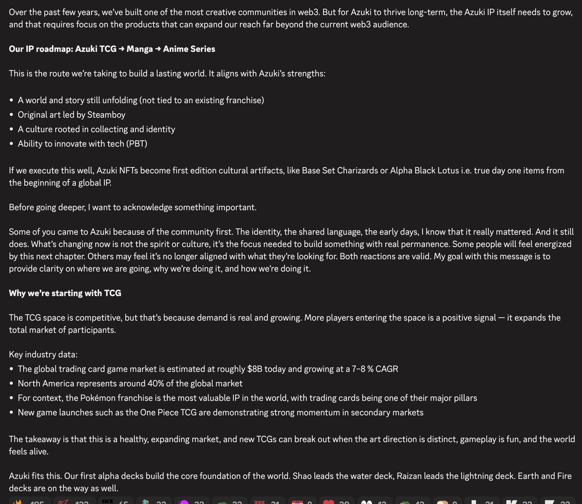 Zagabond's tweet image. Here&apos;s the full announcement which is about Azuki&apos;s roadmap and focus. It provides clarity to the community on our strategy, not complaining about anything (or didn&apos;t intend for it to come across that way)