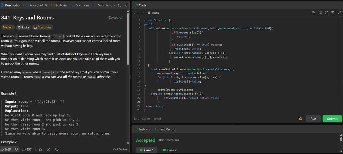 ANNISH_SEN's tweet image. Day 50 of #LeetCode75 Challenge – Problem #841 (Keys and Rooms)
Solved using Depth-First Search (DFS) to explore all reachable rooms starting from room 0.
Time:O(n + k)
Space:O(n)
#Day50 #LeetCode #DSA #CPlusPlus #CodingJourney #100DaysOfCode #GraphTheory