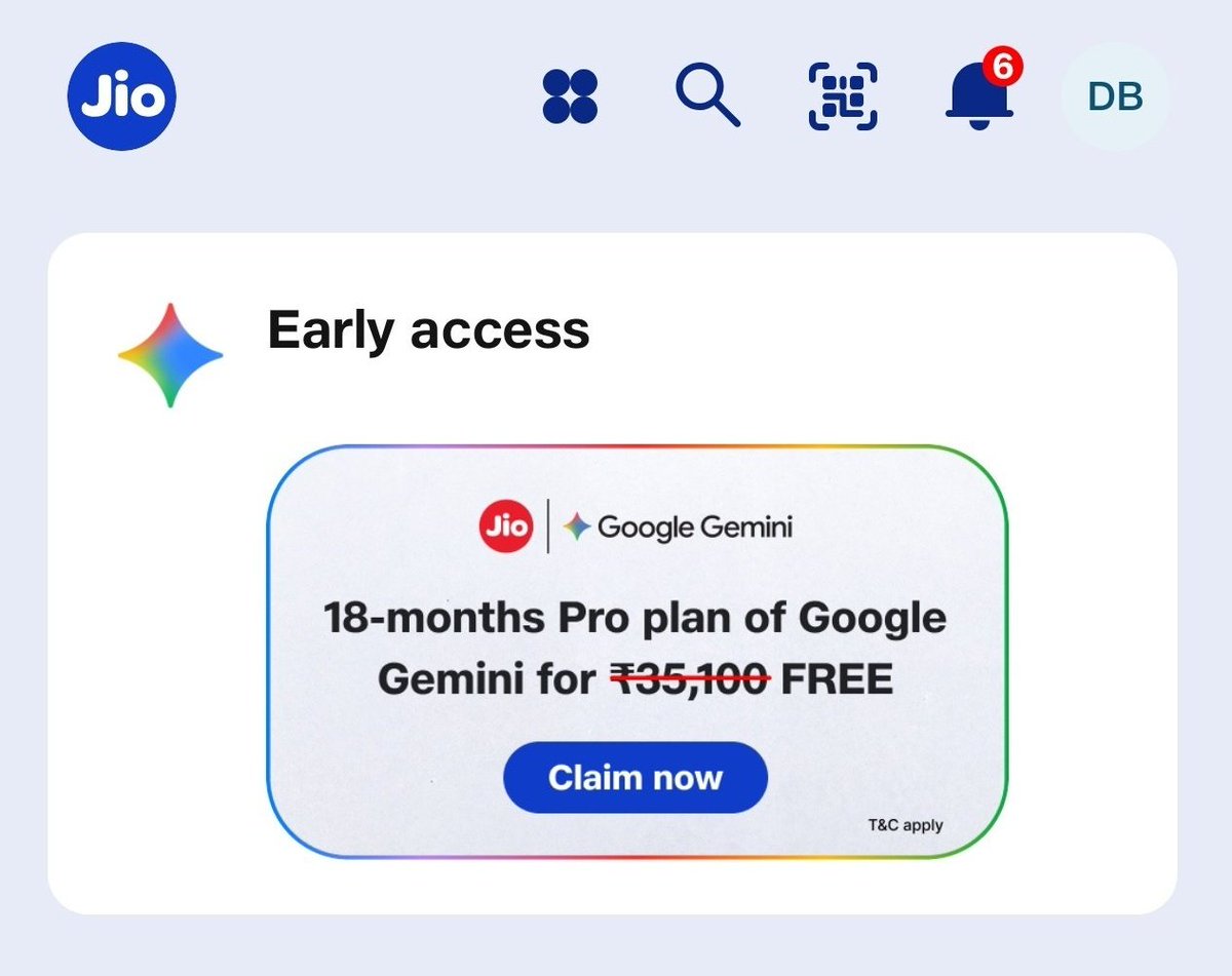 TechWithYesh's tweet image. Jio user andariki ipudu Google Gemini 2TB plan vasthunde try cheyandi 

Step 1. Open the My Jio app.

Step 2. On the homepage, tap the Google AI Pro banner, then select and Activate