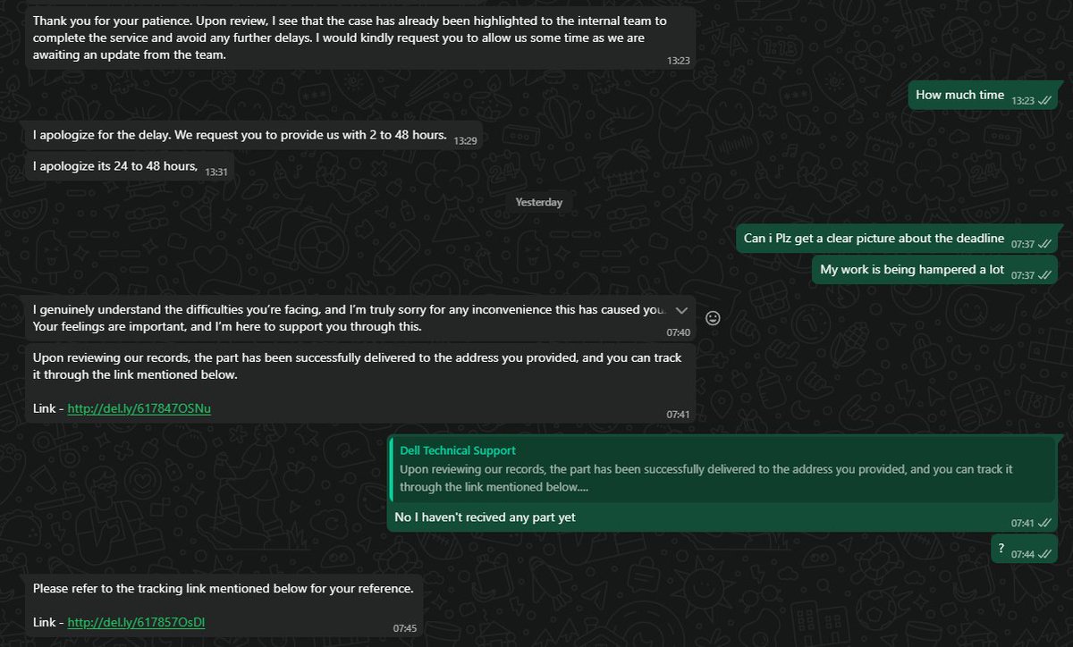 mukkz's tweet photo. @Dell_IN @DellCares complaint #463205779 via whatsapp on 30 oct; after a week on nov 7 it shows delivered, where as i have not recived the product &amp; support on whatsapp is painfully slow to do the needful, i am still waiting for the reply from them, plz do needful https://t.co/jb3LzNpfdo