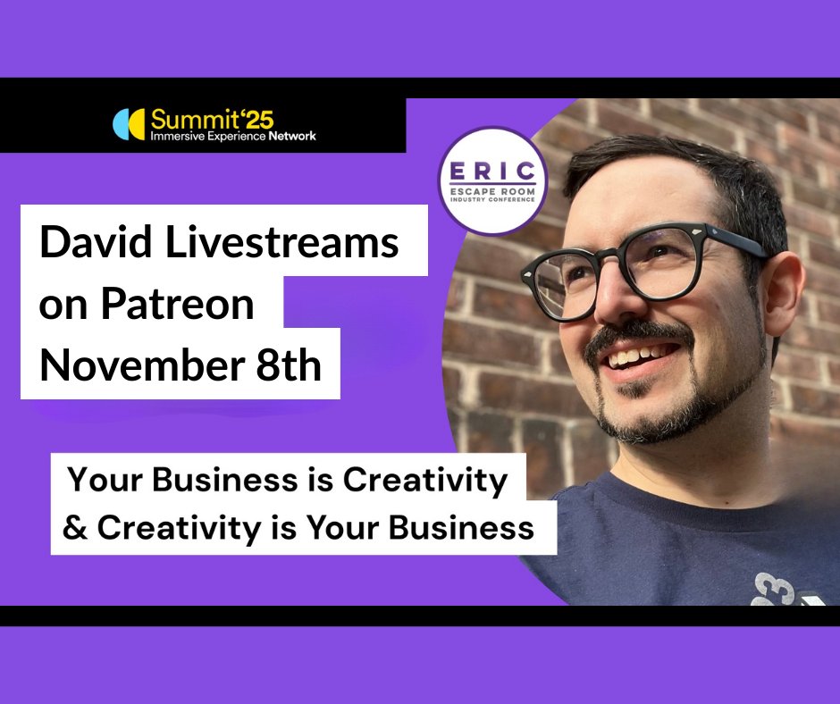 On Saturday at 2PM ET, David will livestream on Patreon presenting: Your Business is Creativity &amp; Creativity is Your Business.  He first gave this talk last month at ERIC. The livestream will be accessible to the "Bonus Show" Patreon tier, and higher. patreon.com/cw/roomescapea…