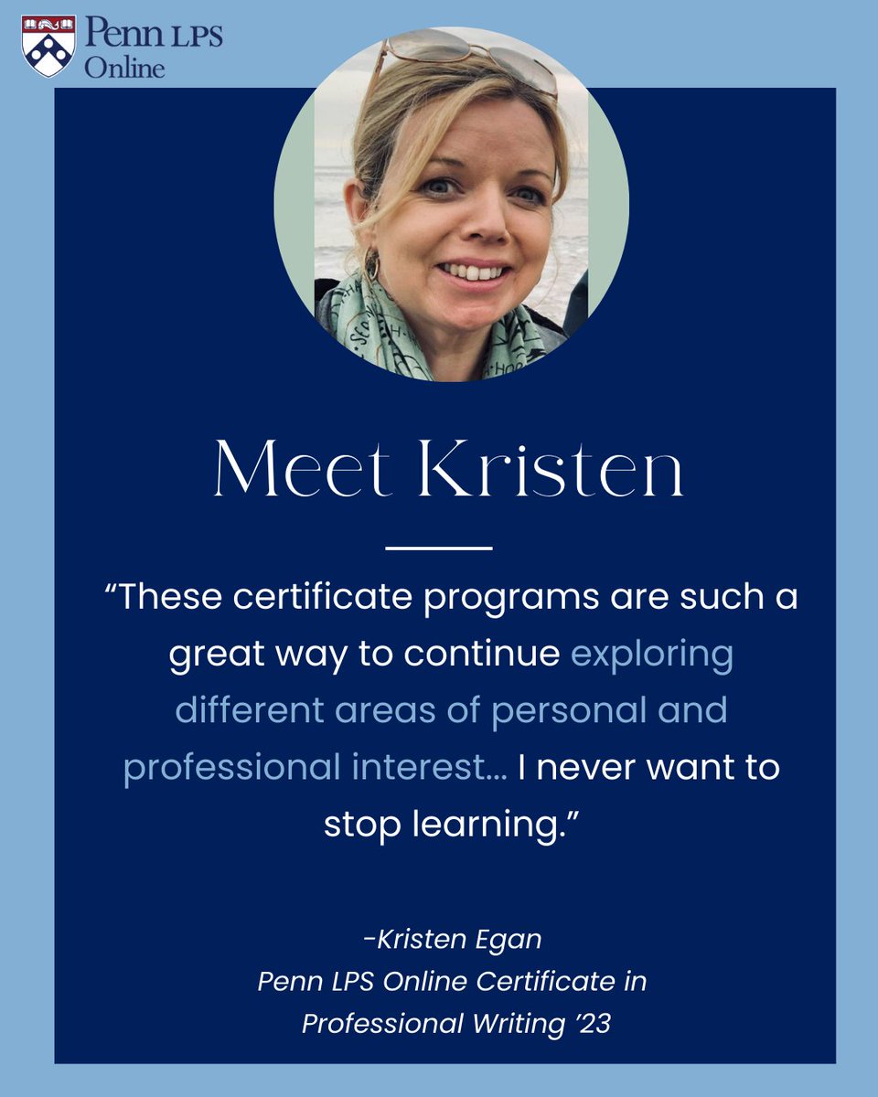 Kristen found a way to keep learning and growing on her own terms. Discover how she used #certificate programs to explore both personal and professional interests. Read her story: bit.ly/4eB6L5p 

#PennLPSOnline #onlinelearning #professionalgrowth #personalgoals