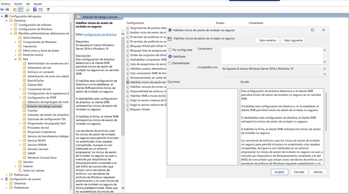Una auditoría de seguridad y lo primero que ves es la directiva que permite cualquier conexion SMB sin autenticación habilitada.

La respuesta del administrador: "Es que así no tengo que estar dando permisos a los usuarios cada rato"

⛔️ NO LO HAGAN ⬇️

La directiva “Habilitar