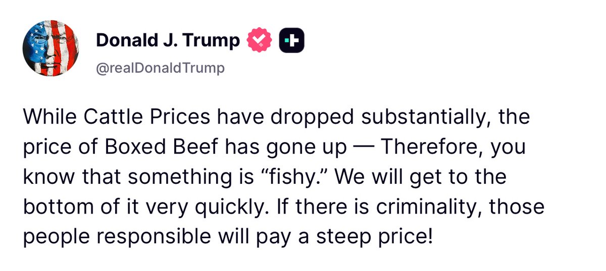 GuntherEagleman's tweet photo. 🚨Trump’s going to GET TO THE BOTTOM of why beef markets appear to be CROOKED!!! https://t.co/SzsH7l95Yr