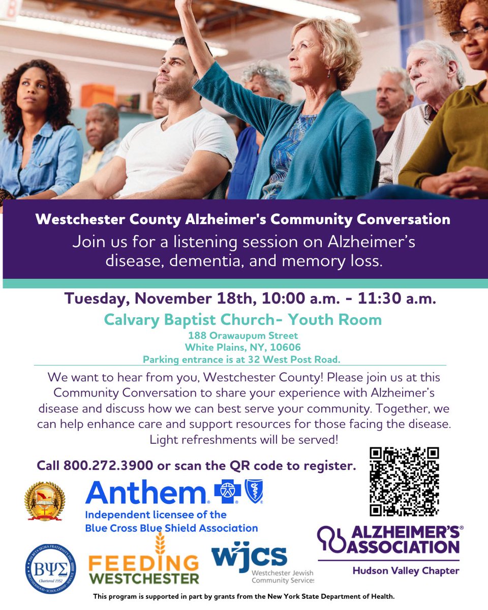 EndAlz_HV's tweet image. Join us for a community conversation in White Plains where we want to hear from you. Tuesday, November 18 at Calvary Baptist Church in White Plains. Call 800.272.3900 or scan the QR code to register. See you there! #EndAlz #calvarybaptistchurch #communityconversation