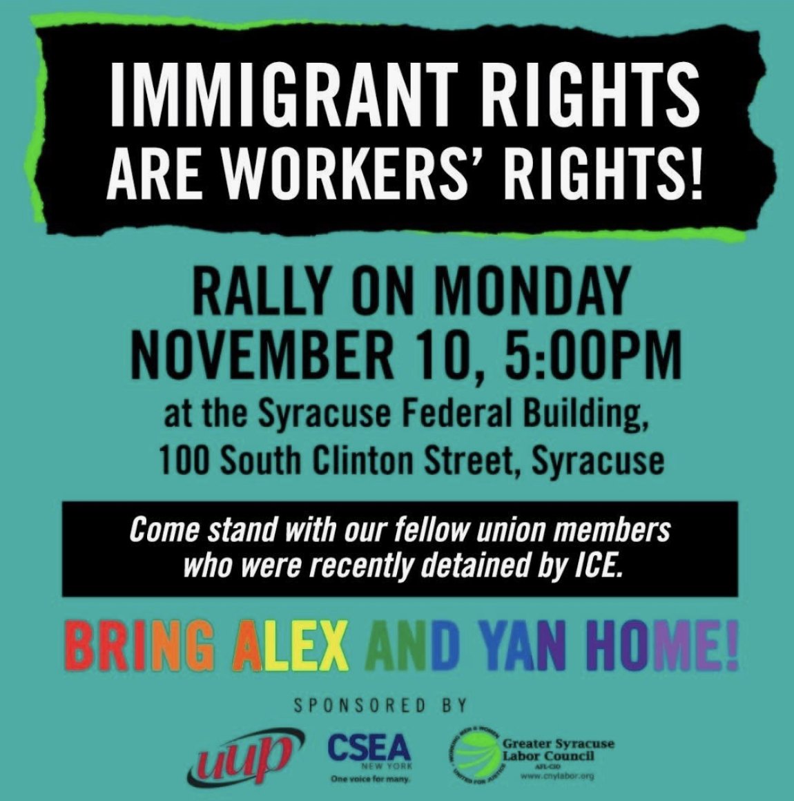 This Monday, join us in solidarity with our union family in Syracuse as the community rallies to bring @UUPInfo and <a href="/CSEALocal1000/">CSEA Local 1000</a> members Alex and Yan home.

Dedicated employees at SUNY Upstate, they’ve built their lives and careers here in Central New York but now face real
