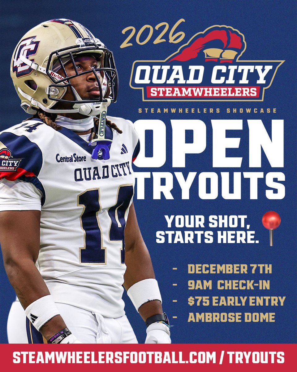 QCSteam's tweet image. Your shot, starts here! 📍

STEAMWHEELERSFOOTBALL.com/TRYOUTS

#sQUADCITY | #Wheelers26