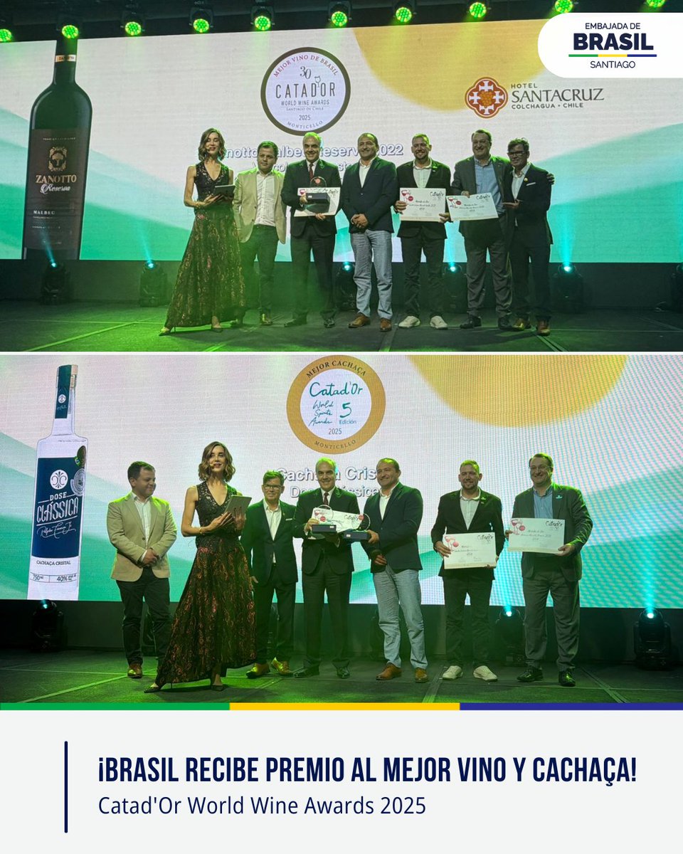 ¡Increíble jornada para Brasil! 🇧🇷🥳

🏆 Ayer (6), en la premiación de la 30° versión del icónico evento Catad'Or World Wine 2025, el embajador Paulo Pacheco recibió los reconocidos premios otorgados a Brasil, destacando a Zanotto Malbec de la Vinícola Campestre que, con su