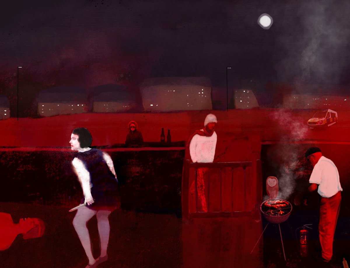 BBQ at night. 

Paint and collage.
0.2 #sol 
exchange.art/editions/5ymBB…