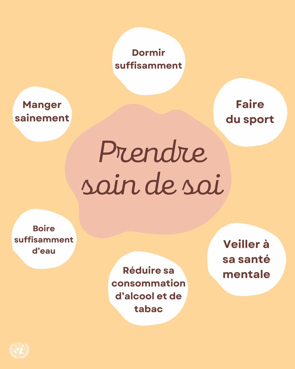 ONU_fr's tweet image. Prendre soin de soi et maintenir un mode de vie sain est important, surtout en période de stress.

🍎 Bien manger
🧘‍♀️ Donner la priorité à sa santé mentale
🏃‍♀️ Rester actif

@WHO partage d'autres conseils en ce mois de l’auto-prise en charge : who.int/fr/news-room/q…