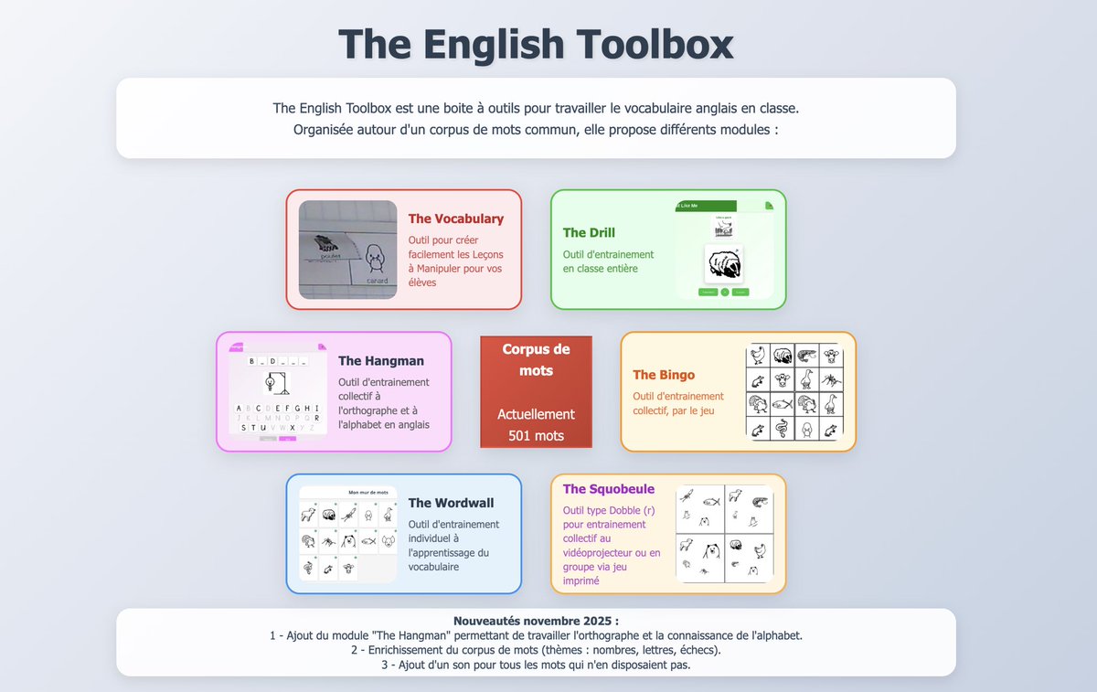 🎥 Le replay de la présentation de The English Toolbox est en ligne !

Une application libre créée par Julien Granjon pour pratiquer l’anglais à l’école, simplement et de façon interactive 🇬🇧

👉🏼edurl.fr/primtime-replay

#LibreEdu #ForgePrimaire #Forge #TeamERUN #TeamPE #TeamPROF