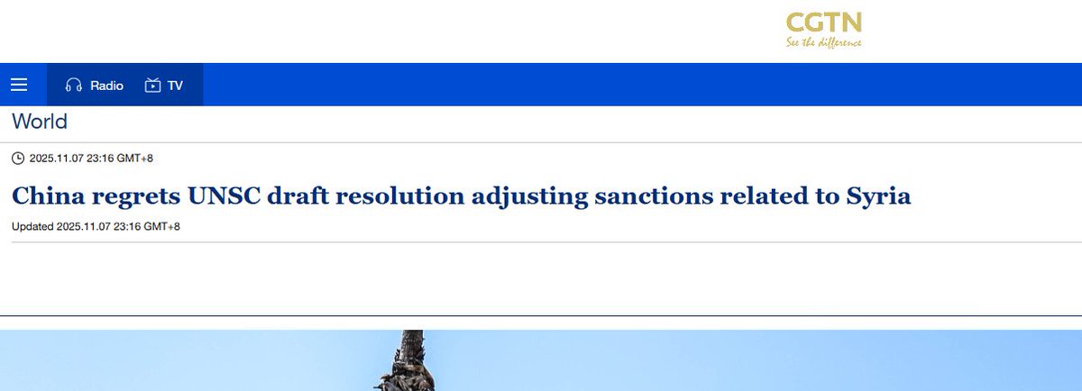 Xinhua News Agency: China expressed regret over the U.S.-led push for a UN Security Council vote on Resolution 2799, which removed Al-Julani and Anas Khattab from sanctions list.

China abstained from the vote, saying the draft failed to address the legitimate concerns of all