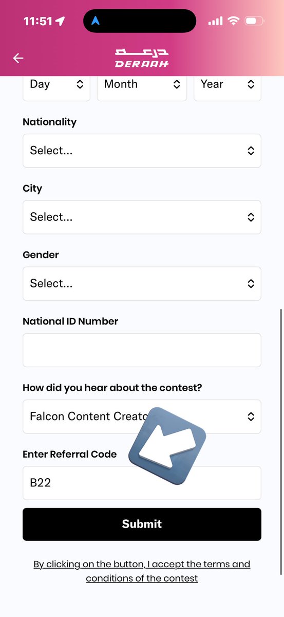 🚨🚨🚨🚨🚨🚨🚨
تنويه هام
عصفوريييين بحجر
حملوا تطبيق درعة و اضغطوا نفس اللي بالصورة و تعبي البيانات و اخر خيار تحط صناع محتوى فالكونز و تحط الكووود التاريخي

تدخل السحب على ٣ سيارات BMW
و تزبطنا بنفس الوقت 🫡🩷

رابط التطبيق:

app.deraahstore.com