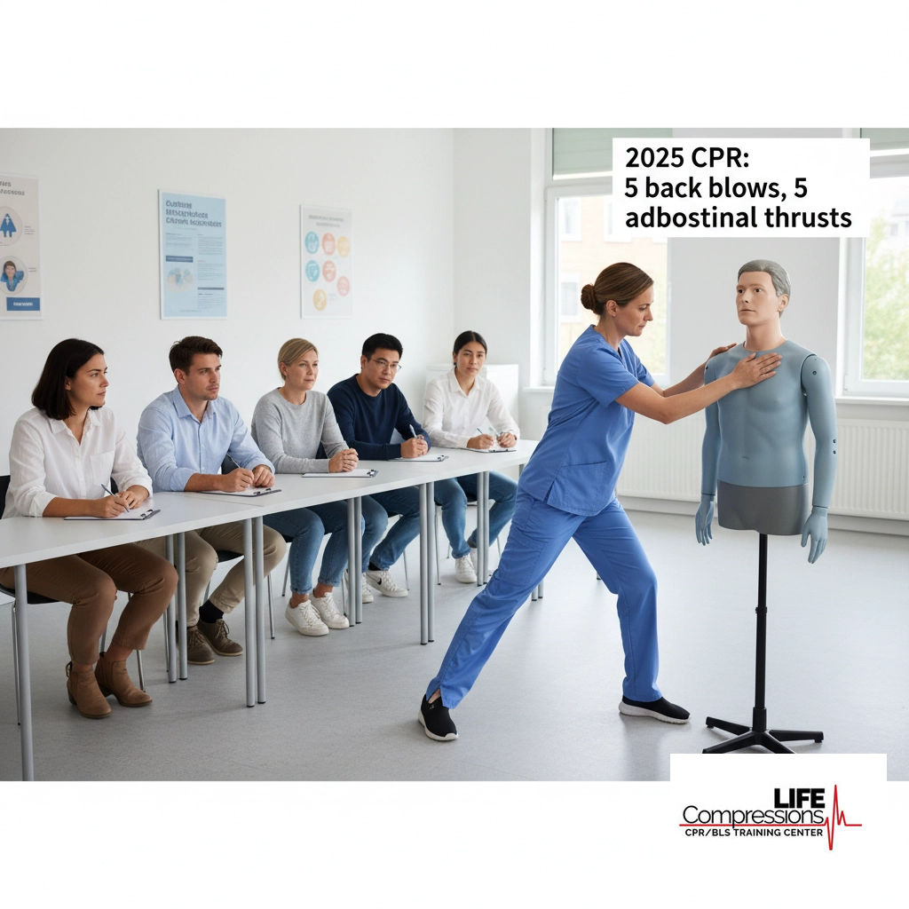 LifeCompression's tweet image. Big news! The 2025 AHA CPR guidelines update choking rescue: alternate 5 back blows with 5 abdominal thrusts for adults &amp;amp; kids. It’s simple &amp;amp; can save a life! Ready to learn more? Join a Life Compressions Training Center course. #CPR #FirstAid #Choking #SaveALife